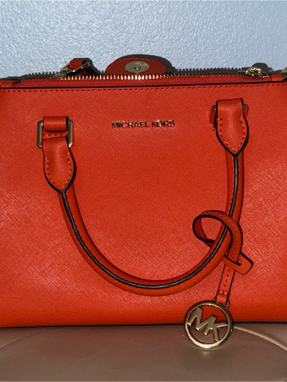 Michael Kors Orange Saffiano Satchel with Gold Hardware